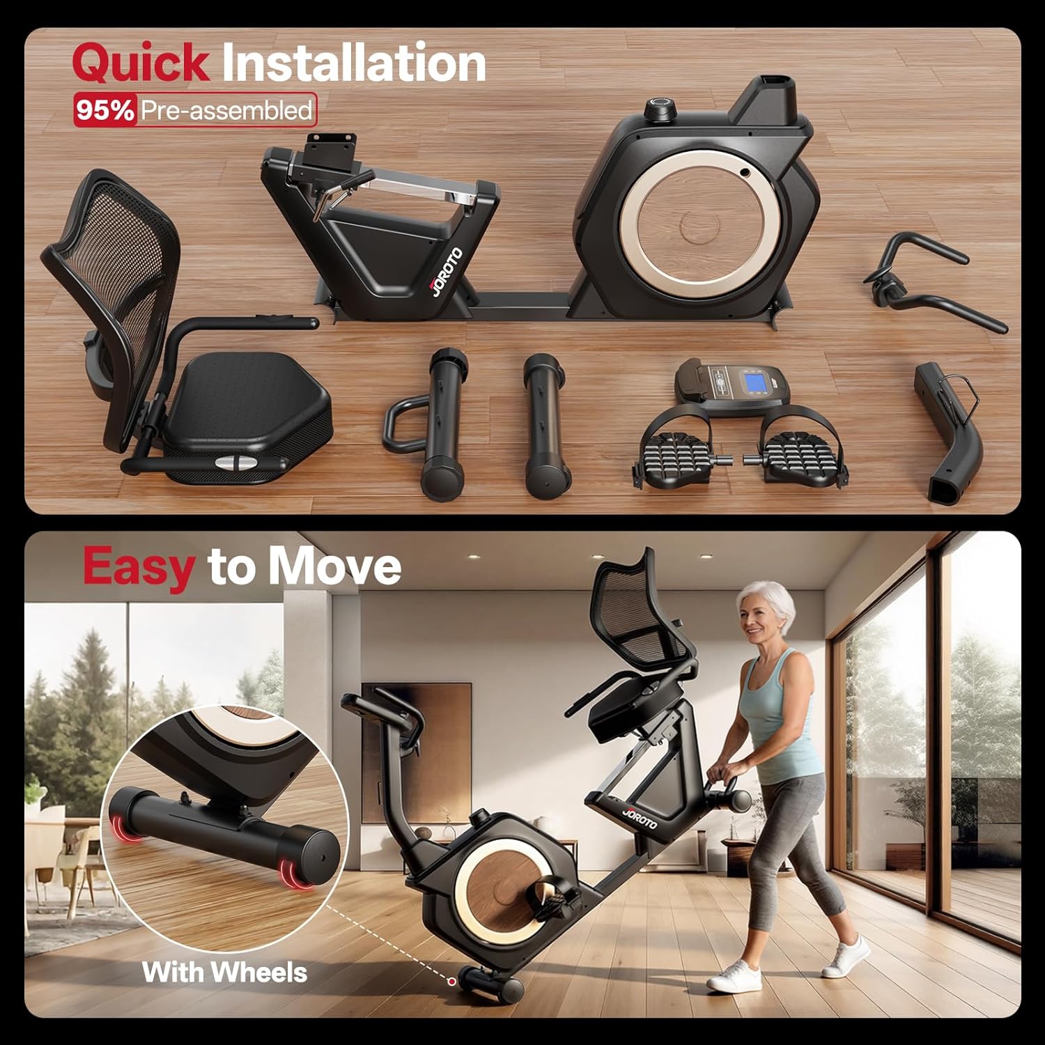 JOROTO JH50 Recumbent Exercise Bike – 16-Level Magnetic Resistance, App Compatible, 400 lb Capacity for Home Use