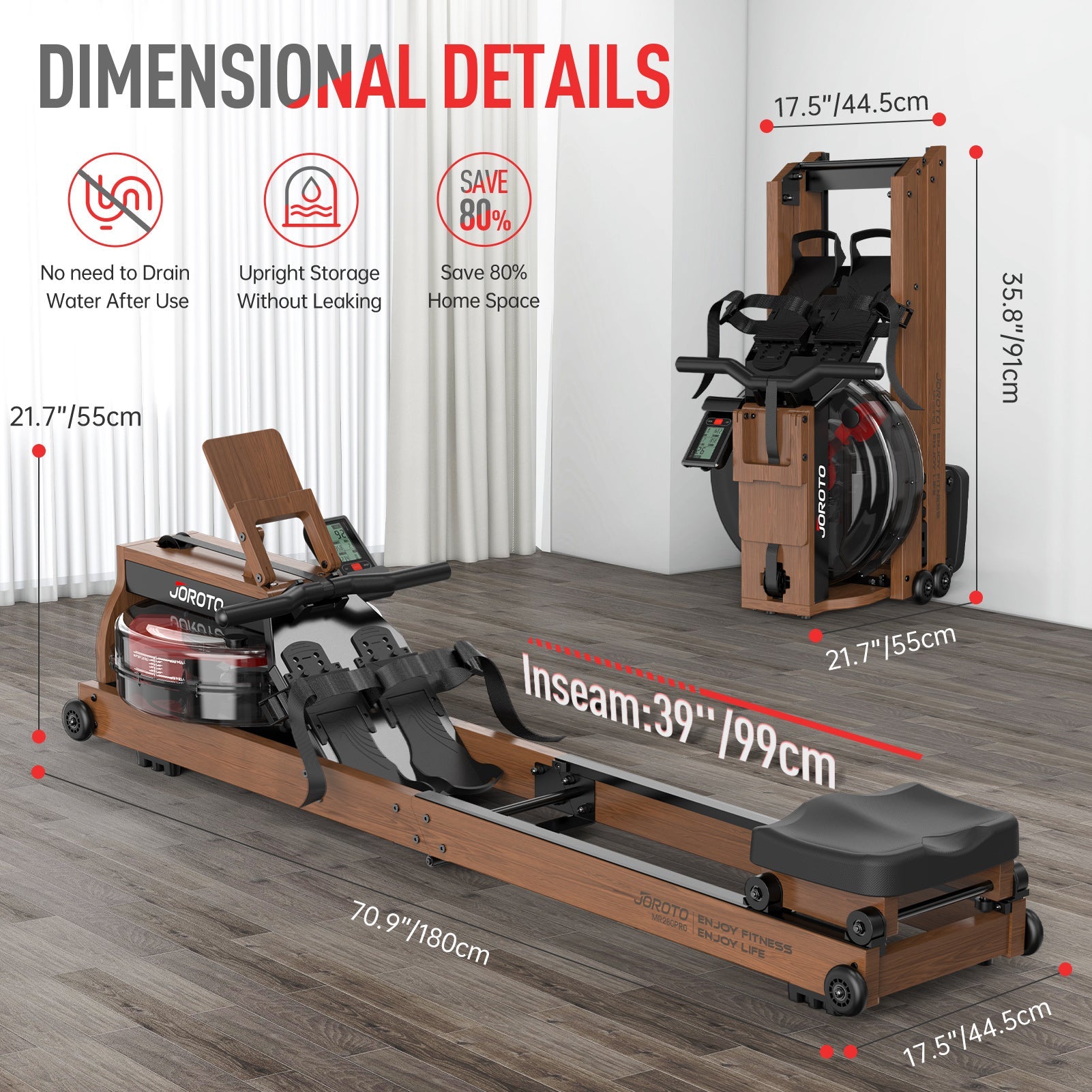 JOROTO MR280PRO Solid Oak Water Resistance Rowing Machine - Jorotofitness