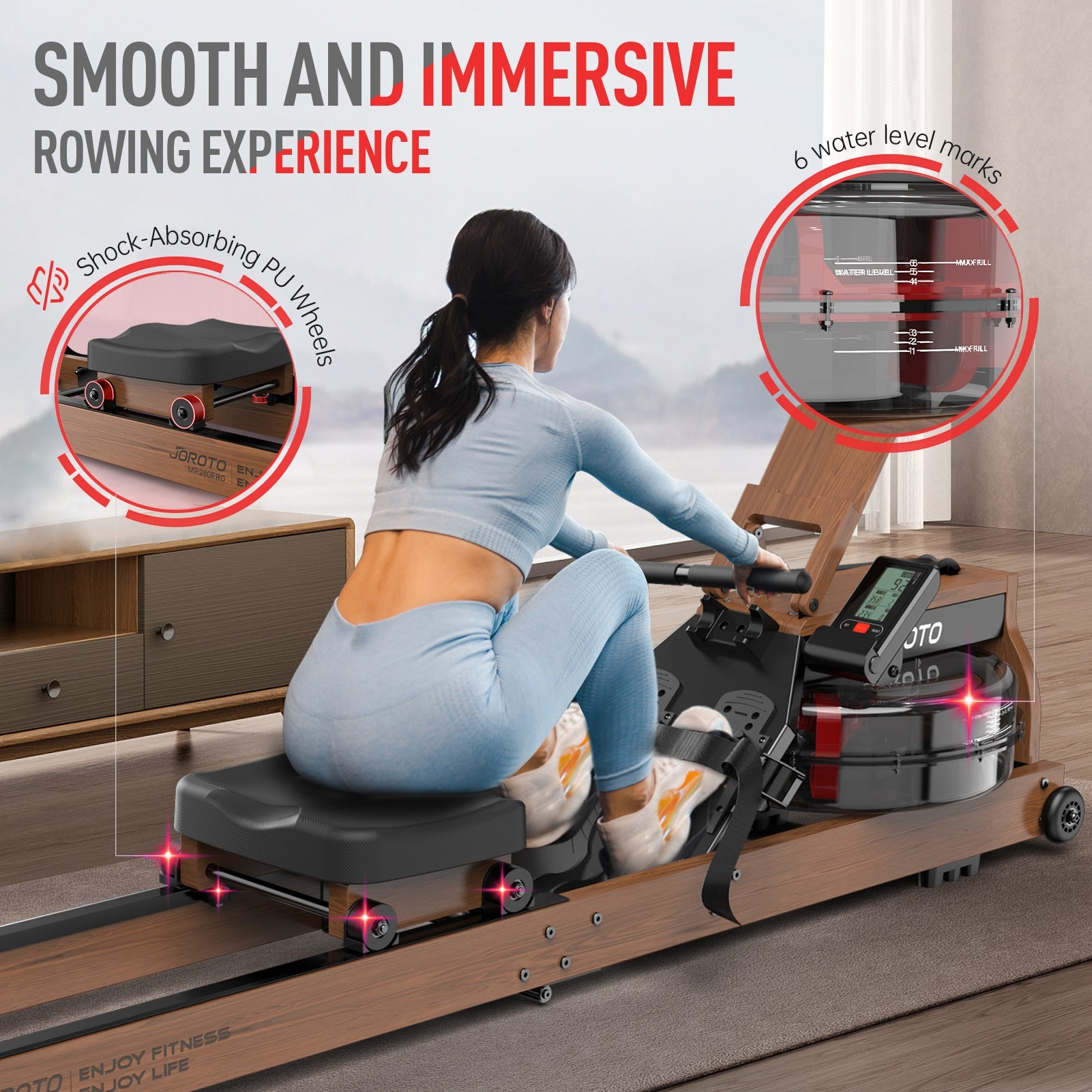 JOROTO MR280PRO Solid Oak Water Resistance Rowing Machine - Jorotofitness