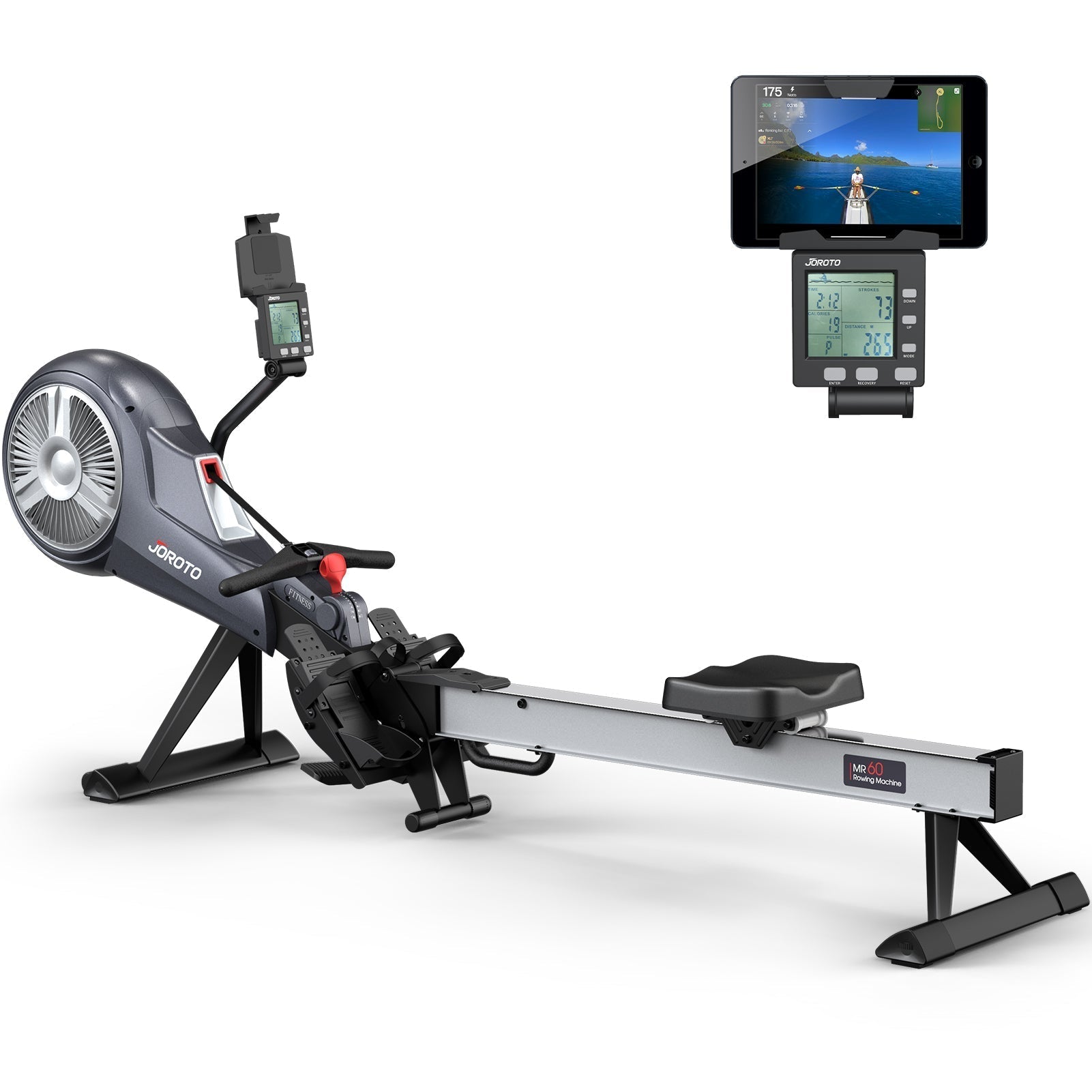 JOROTO Rowing Machine MR60 - Air & Magnetic Resistance Rowing Machines Support Bluetooth and Kinomap, Commercial Grade Rower Machine with Smart Backlit Monitor - jorotofitness